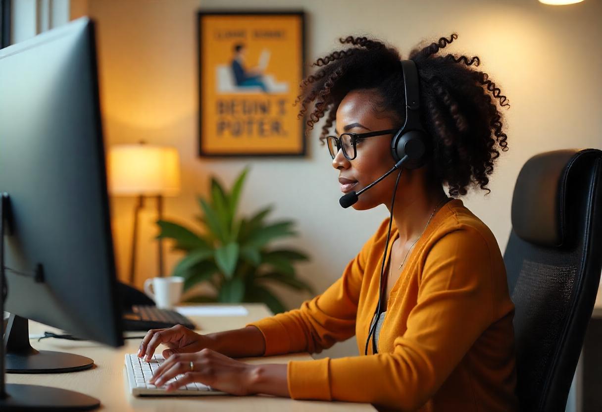 A call center agent utilizing computer telephony integration as a powerful tool for customer satisfaction.